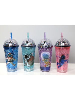 Sevimli Astronot Pipetli Işıklı Pullu Suluk Bardak 400 ml LAVEEN-7889