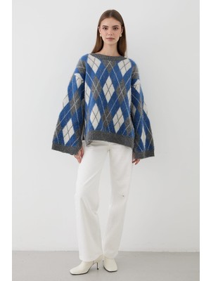 Jaste  Kadın Oversize Argyle Desenli Triko Kazak