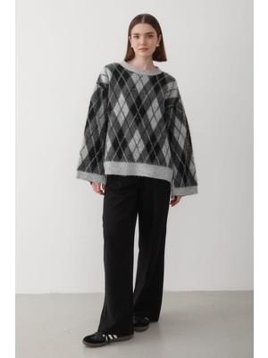 Jaste  Kadın Oversize Argyle Desenli Triko Kazak