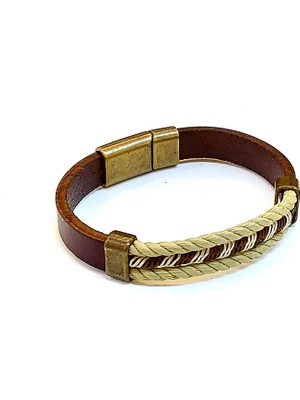 Herşey Nota Kahverengi Deri Bej Örgü Detaylı Erkek BILEKLIK-1466