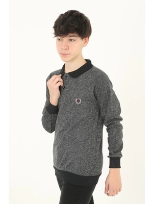 Velmora Fashion Çocuk Selanik Yaka Nakışlı Kazak - Gri