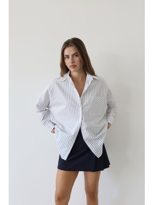 Jaste  Kadın Çizgili Düğmeli Cep Detaylı Çizgili Oversize Gömlek