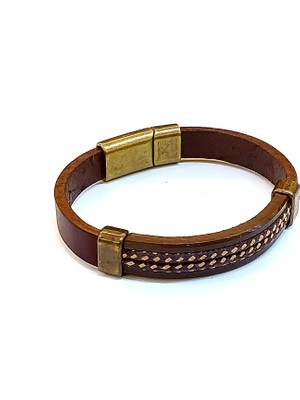 Herşey Nota Kahverengi Desenli Deri Erkek Bileklik – Eskitme Gold KILITLI-1464