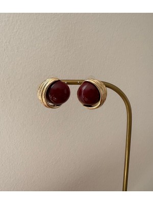 Marsel Bordo Mineli Düğme Model Vintage Gold Küpe