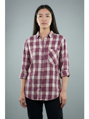 4587 Tek Cep Ekose Rahat Kalıp Kadın Gömlek Mürdüm