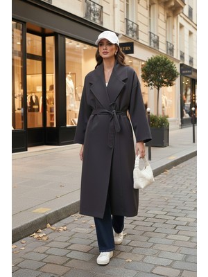Lela Oversize Fit Kruvaze Yaka Kuşaklı Astarlıtrençkot Bayan Trençkot 6839617