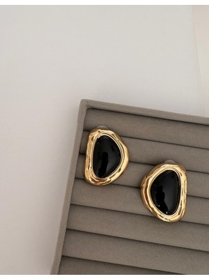 Marsel Özel Seri Siyah Mineli Büyük Kemik Model Gold Küpe