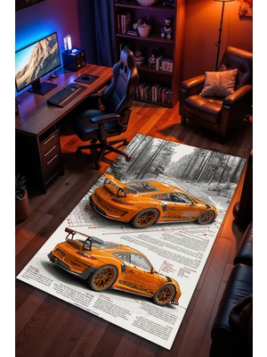Charmbi Porsche Araba Desenli Kaymaz Taban Makinede Yıkanabilir Gaming Oyuncu Gamer Genç Odası Halısı