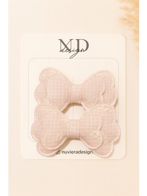 Nuviera Design Pudra Mini Çiçek Dokulu Fiyonk Saç Tokası Klipsli - 2'li Set