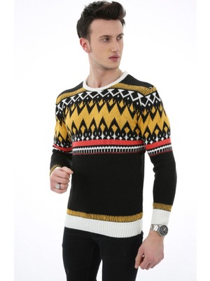 Moresun Renkli Desenli Sarı Kalın Kışlık Günlük Triko Kazak