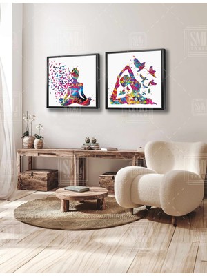 SML Tablo Yoga Yapan Kadın Renkli Uçan Kuşlar Meditasyon Huzur Ikili Kare Kombin 2li Çerçeveli Kanvas Tablo