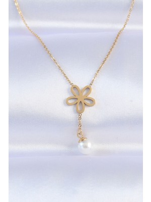 Ayder Timya 316L Çelik Zincir Gold Renk İnci Detay Çiçek Kolye - TJ-BKO8730 TG/Tmya1395 212507