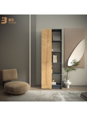 B3 Concept Modern Kapaklı Kitaplık – Dekoratif Raflı Dikey Dolap, Kapaklı ,antrasit-Safir Meşe