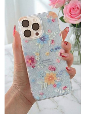 Fibaks Apple iPhone 12 Pro Max Uyumlu Kılıf Mavi Simli Çiçek Desenli Renkli Parlak Darbe Emici Kapak