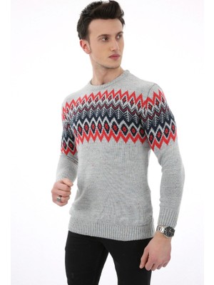 Moresun Baklava Desenli Gri Kalın Kışlık Günlük Triko Kazak