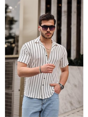 Comstar Erkek Trend Yazlık Kısa Kollu Çizgili Beyaz Gömlek