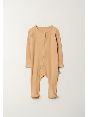 Bubito Gizli Fermuarlı Tam Ayaklı Pamuklu Bebek Tulum-Bej