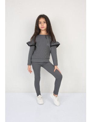 Moresun Şardonlu Fitilli Fırfır Detaylı Taytlı Günlük Kız Çocuk Takım