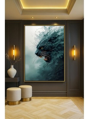 Wallivo Karanlıkta Kükrüyen Siyah Jaguar Siyah Metal Çerçeveli Kanvas Tablo