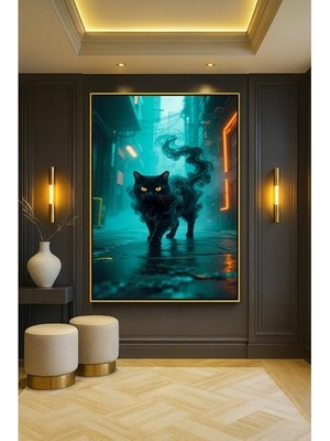 Wallivo Neon Yeşil Siste Kedi Evcil Hayvan Temalı Gold Metal Çerçeveli Kanvas Tablo