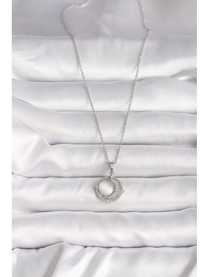 Skygo 316L Çelik Gümüş Renk Zirkon Taşlı Beyaz Sedefli Hilal Model Kadın Kolye - TJ-BKO9702