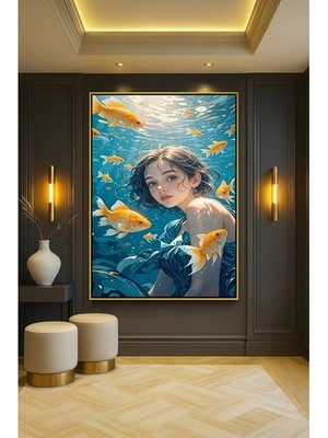 Wallivo Denizde Japon Balığıyla Yüzen Kız Siyah Metal Çerçeveli Kanvas Tablo