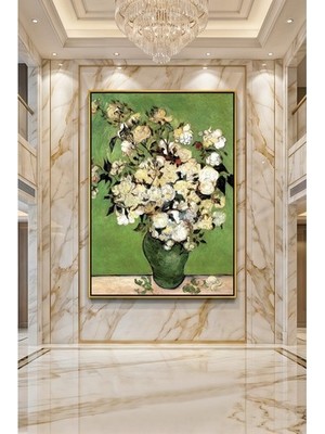 Wallivo Vincent Van Gogh Beyaz Güller Vazoda Gümüş Metal Çerçeveli Kanvas Tablo