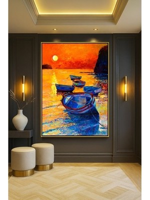 Wallivo Canlı Turuncu Denizde Tekne Empresyonist Yağlıboya Tablo Siyah Metal Çerçeveli Kanvas Tablo