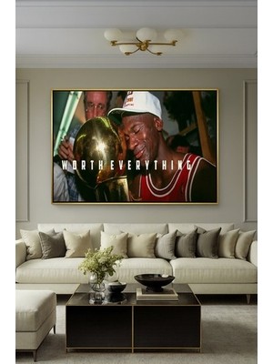 Wallivo Michael Jordan "worth Everything" Model 2 - Motivasyonel Spor Gümüş Metal Çerçeveli Kanvas Tablo
