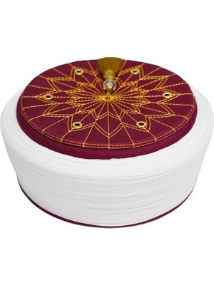 Sarıkhane Çocuk Imam Sarığı-Beyaz Kumaş-Bordo Takke-Düz Sarım-Kuş Gözlü-4 Metre