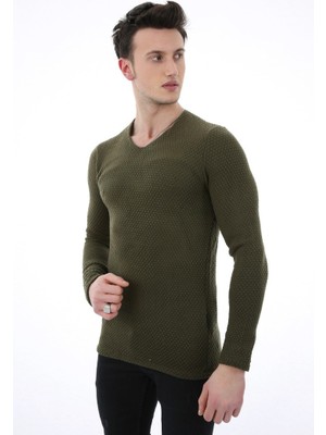 Moresun Düz Kabartma Desenli V Yaka Erkek Günlük Triko Kazak