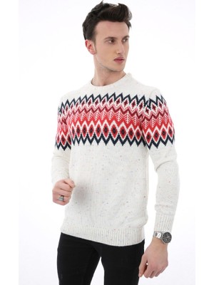 Moresun Baklava Desenli Beyaz Kalın Kışlık Günlük Triko Kazak