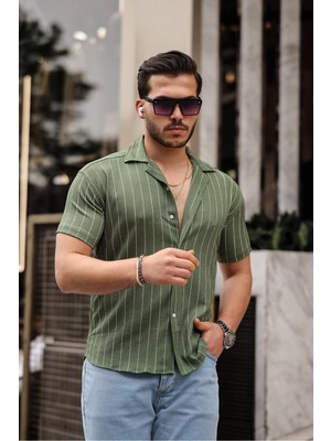 Comstar Erkek Trend Yazlık Kısa Kollu Çizgili Yeşil Gömlek