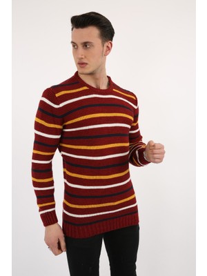 Moresun Çok Renkli Çizgi Desenli Bordo Kalın Kışlık Günlük Triko Kazak