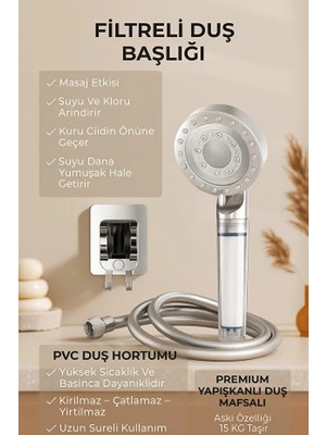Suvia Filtreli Duş Başlığı Masaj Etkili + Pvc Hortum + Yapışkanlı Askı | Klor Arındırıcı, Suyu Yumuşatır