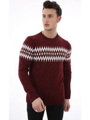 Moresun Baklava Desenli Bordo Kalın Kışlık Günlük Triko Kazak