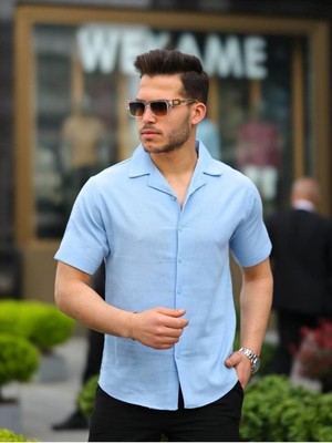 Comstar Erkek Keten Kumaş Kısa Kollu Şal Yaka Gömlek