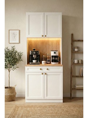 Vesso Vega Kahve Köşesi Dolabı 90 cm | %100 Mdf | Dokunmatik LED Aydınlatmalı | Membran Kapak