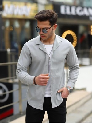 Comstar Erkek Trend Kruvaze Yaka Şık Gri Keten Gömlek