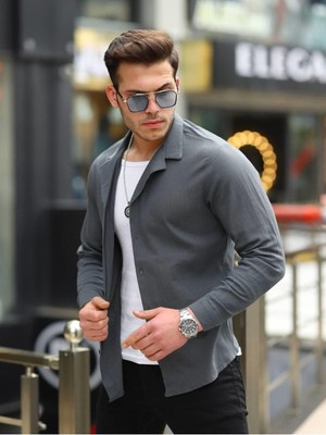 Comstar Erkek Trend Kruvaze Yaka Şık Füme Keten Gömlek