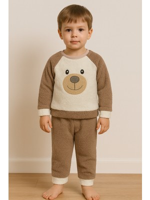 Bubito Ayıcık Nakışlı Bebek&çocuk Kışlık Peluş Welsoft Alt Üst Takım-Kahverengi