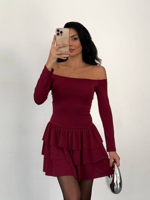 Cuyka Kadın Mini Elbise Sandy Kumaş Off Shoulder Kat Kat Volanlı