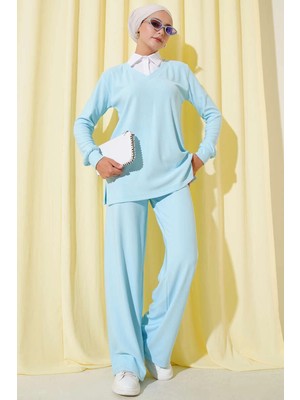 End Black Store GÖMLEK YAKA FİTİLLİ SALAŞ İKİLİ TAKIM BUZ MAVİSİ T4300