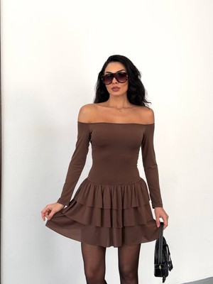 Cuyka Kadın Mini Elbise Sandy Kumaş Off Shoulder Kat Kat Volanlı