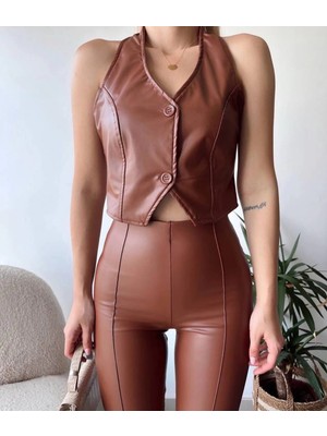 End Black Store İKİ DÜĞMELİ DERİ YELEK KAHVE S243001