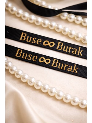 Frisson Kişiye Özel Isimli Nişan Kurdelesi Siyah Grogren Gold Baskılı Dökülen Boncuk