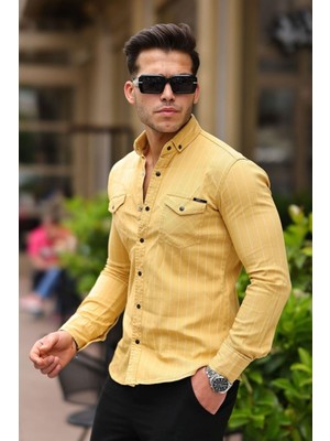 Comstar Erkek Slim Fit Çizgili Kot Gömlek