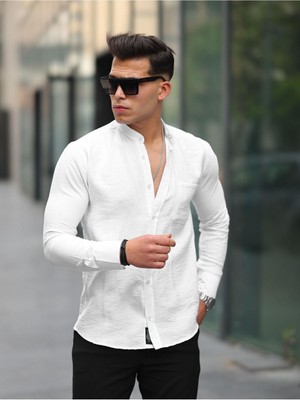 Comstar Erkek A Kalite Keten Slim Fit Kapaksız Hakim Yaka Uzun Kol Gömlek