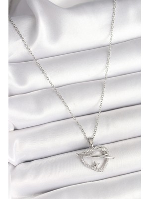 Skygo 316L Çelik Gümüş Renk Zincir Zirkon Taşlı Kalp Model Yıldız Detay Kadın Kolye - TJ-BKO9860
