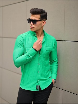 Comstar Erkek A Kalite Keten Slim Fit Uzun Kol Çift Kapaklı Gömlek